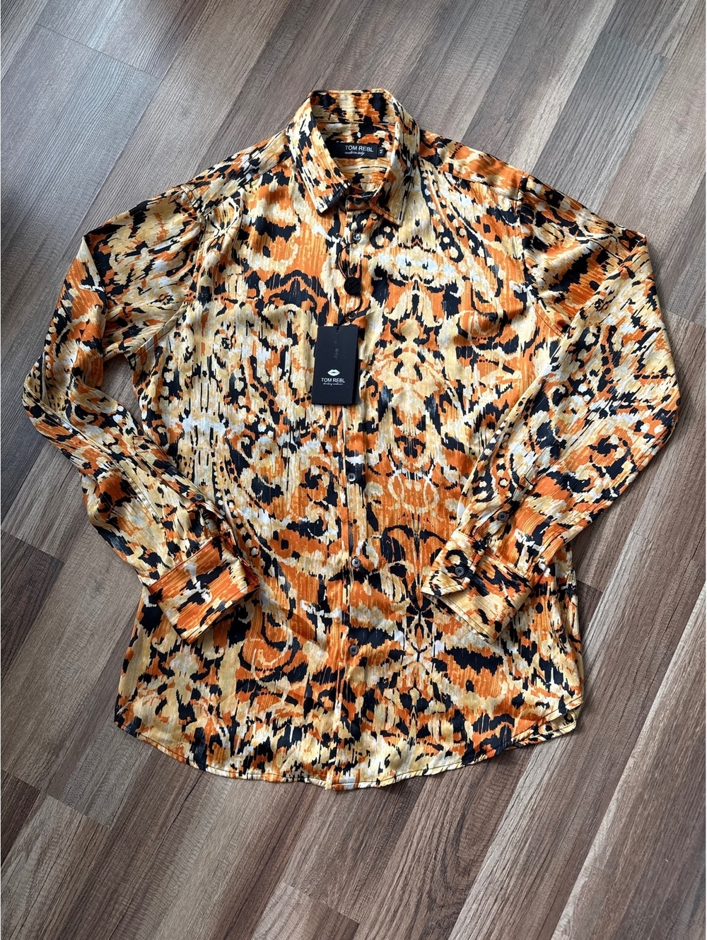 NWT Tom Rebl 100% Silk Shirt IT 48 L Abstract Animal Print Made Italy Luxury